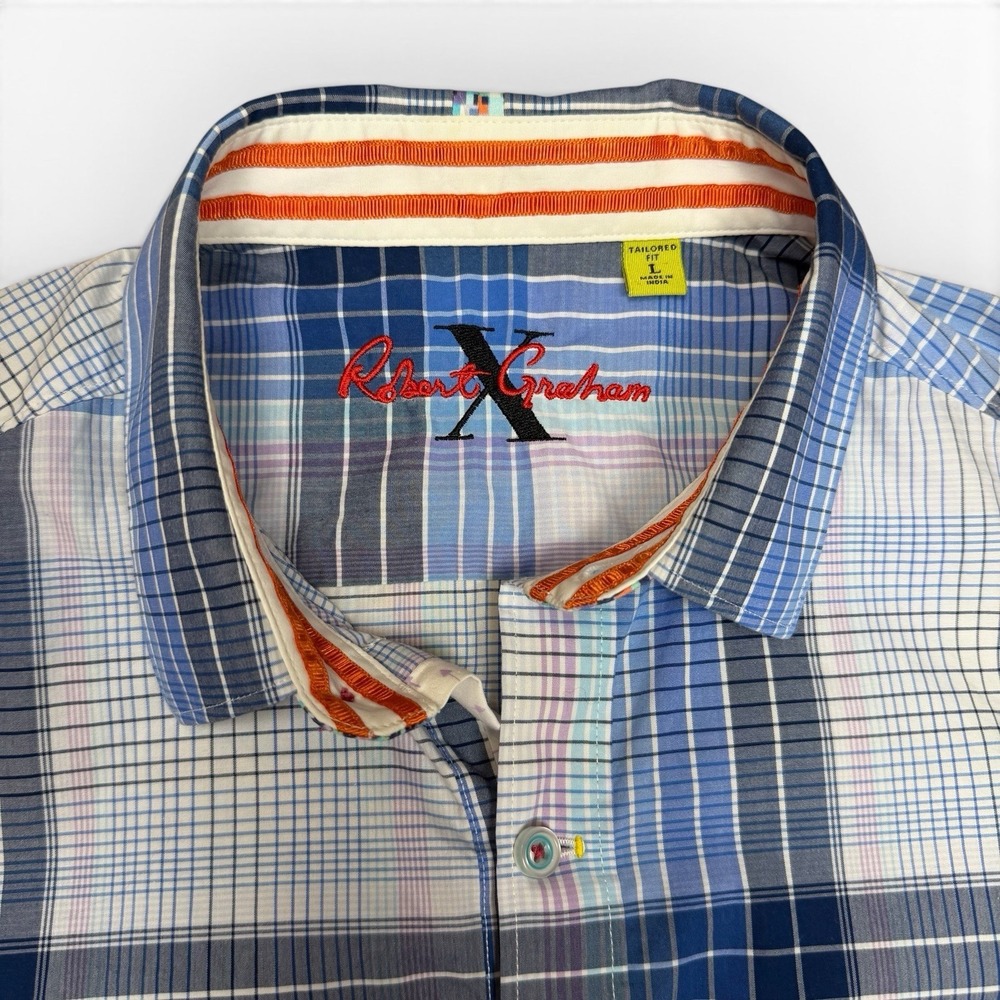 Robert Graham X Shirt Mens Large Blue White Pink Plaid Tailored Short Sleeve